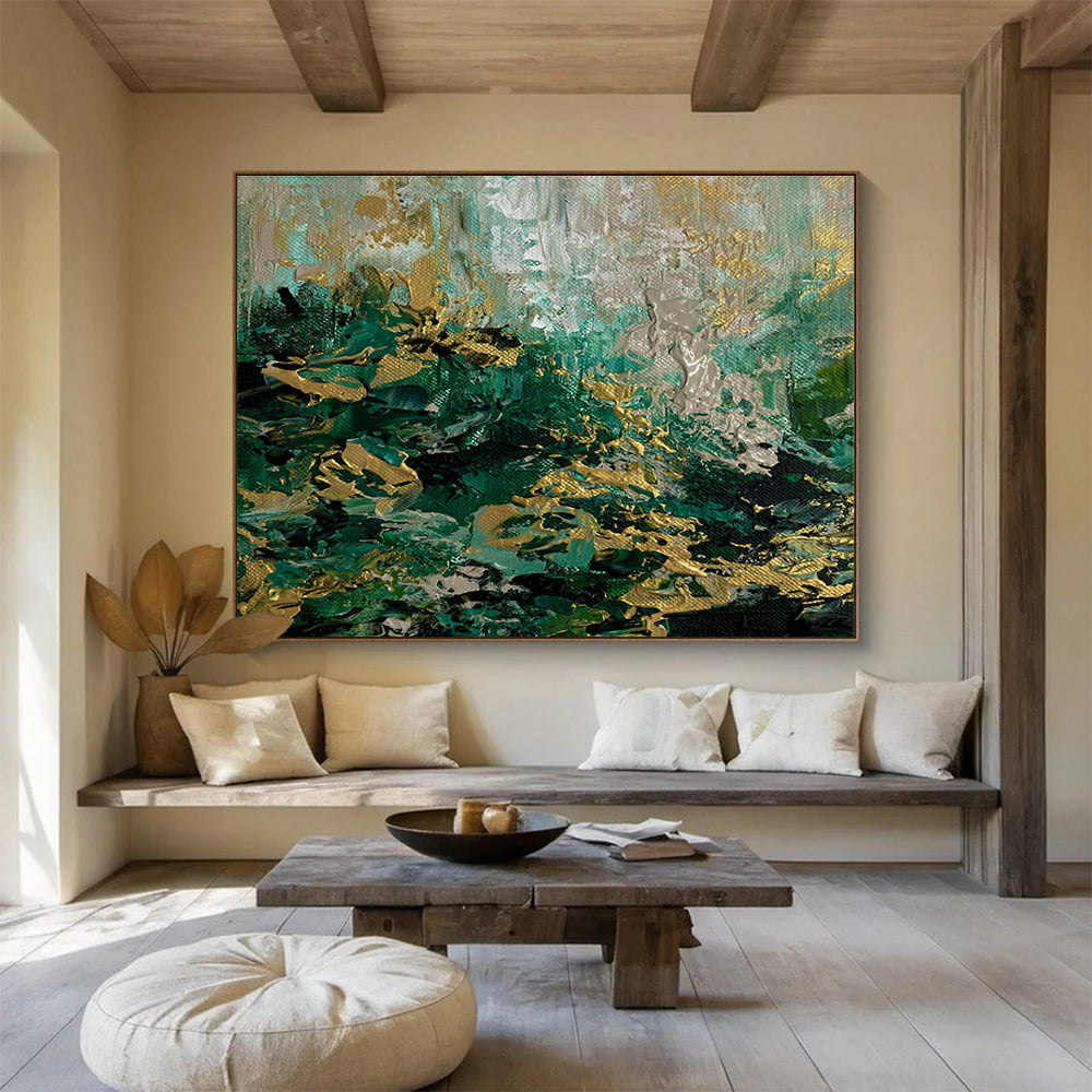 Green and Gold Abstract Textures Painting for Upscale Jewelry Stores YHT355