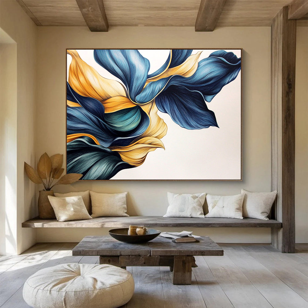 Blue and Gold Floral Shapes Abstract Painting with Elegant Fluidity ABS579