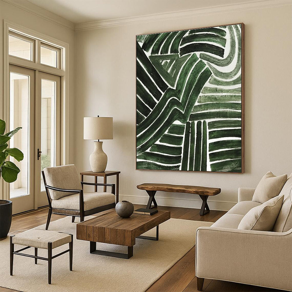 Green Curved Lines Abstract Painting for Nature - Inspired Cafes HENG492