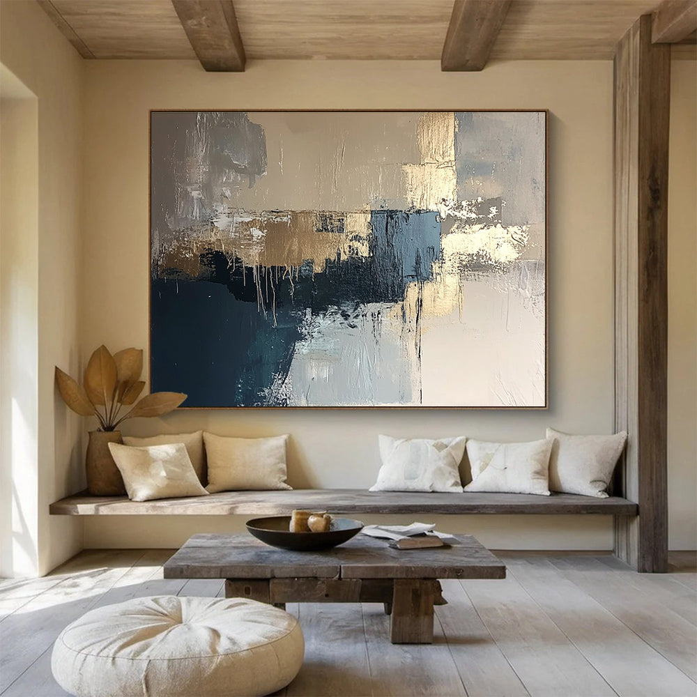 Gray and Gold Abstract with Dripping Details Abstract Painting ABS385