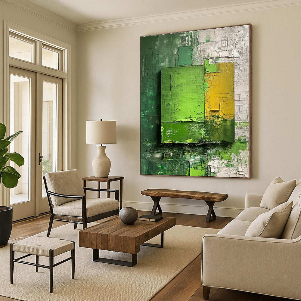 Green and Yellow Textured Squares Abstract Painting for Modern Dining Rooms HENG030