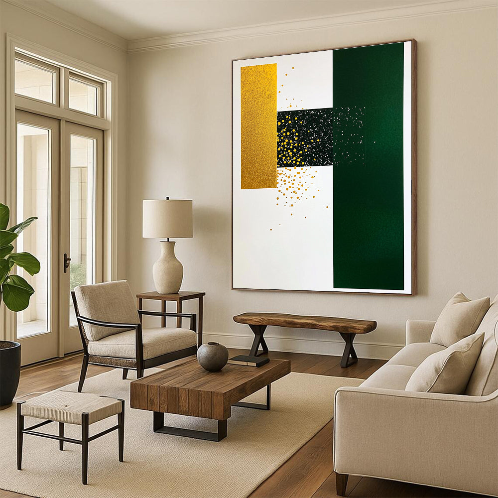 Gold Green Geometric Dots Abstract Painting of Playful Opulence GAB0144