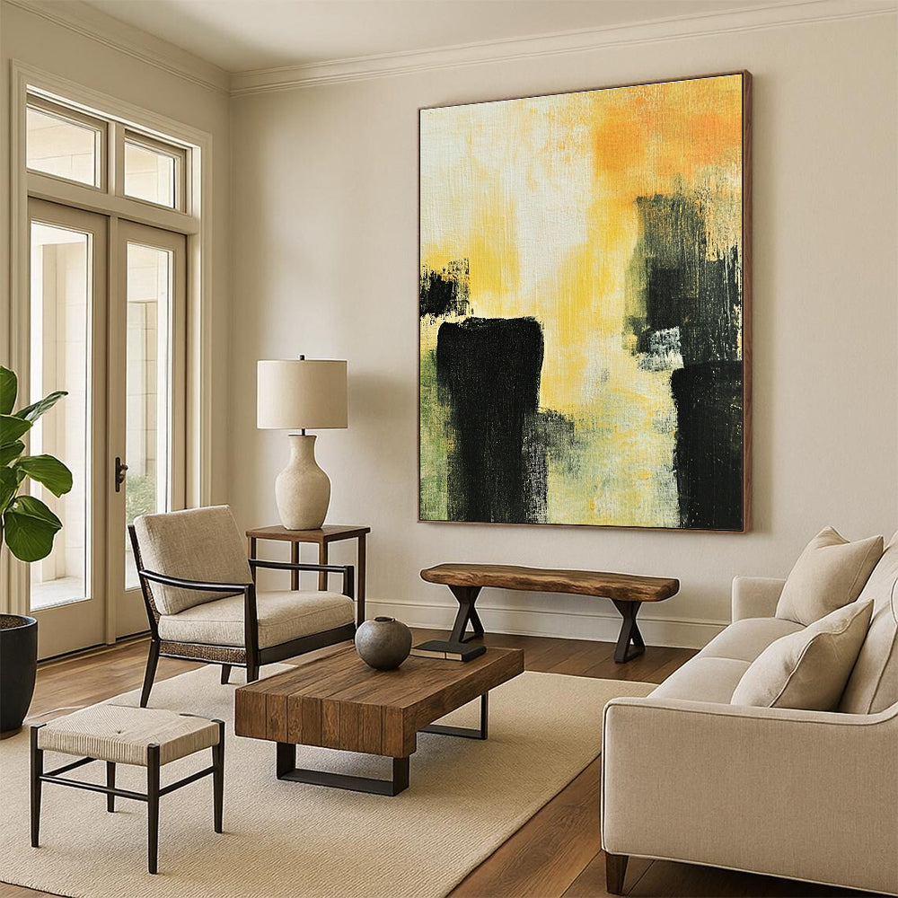 Yellow - Black Abstract Forms Painting with Dramatic Contrast WINK433