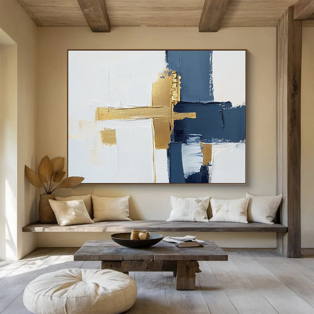 Blue and Gold Cross Abstract Painting with Minimalist Elegance ABS426