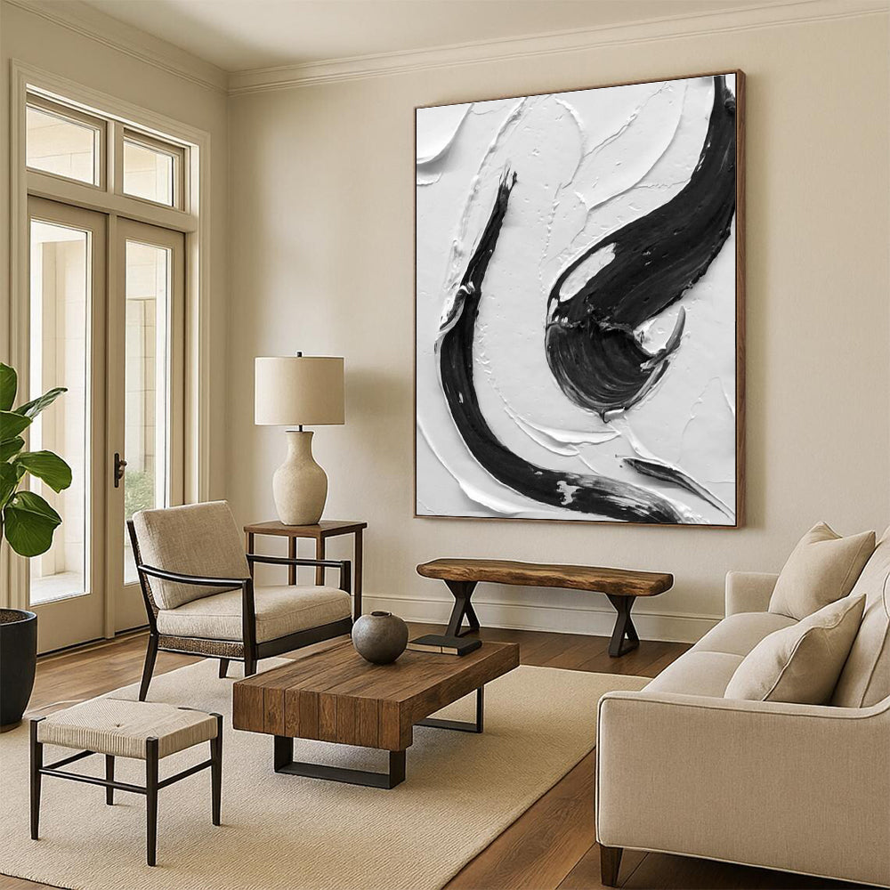 Black - White Vertical Stroke Art Abstract Painting for Contemporary Entrances HENG377
