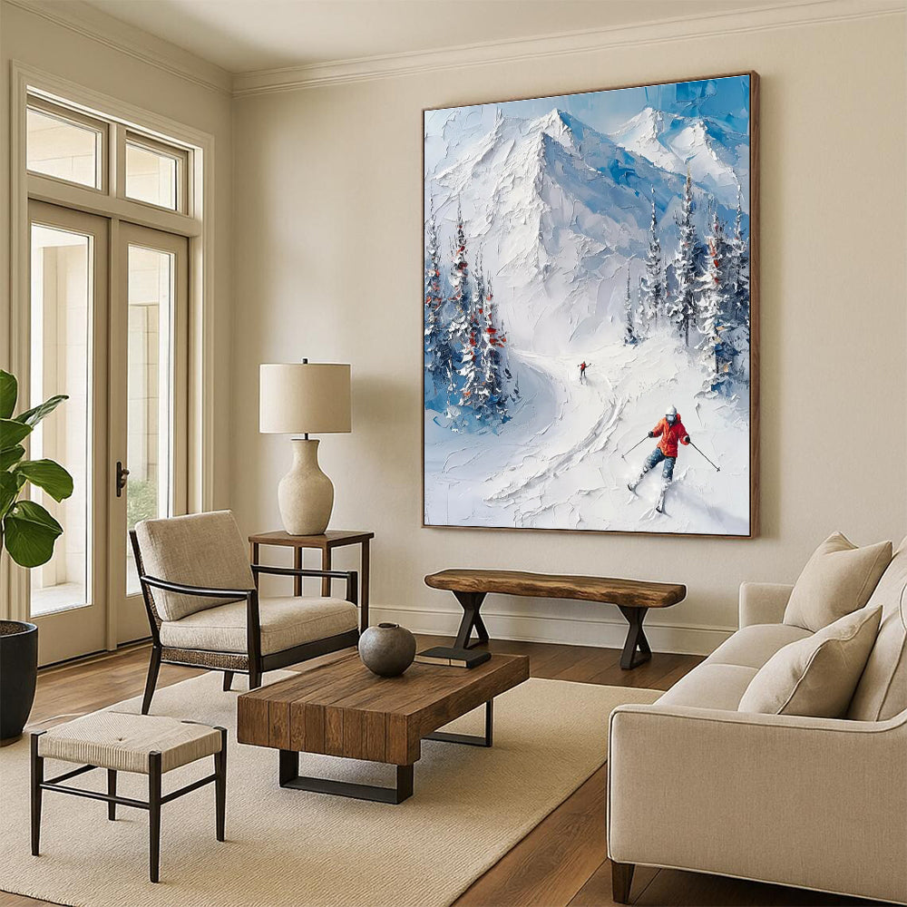 Textured Ski Mountain Scene Painting for Alpine - Inspired Interiors HENG313