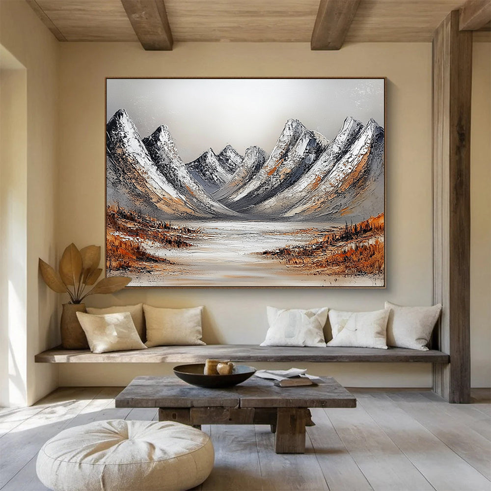Snowy Mountains with Lake Abstract Painting with Frosty Serenity ABS608
