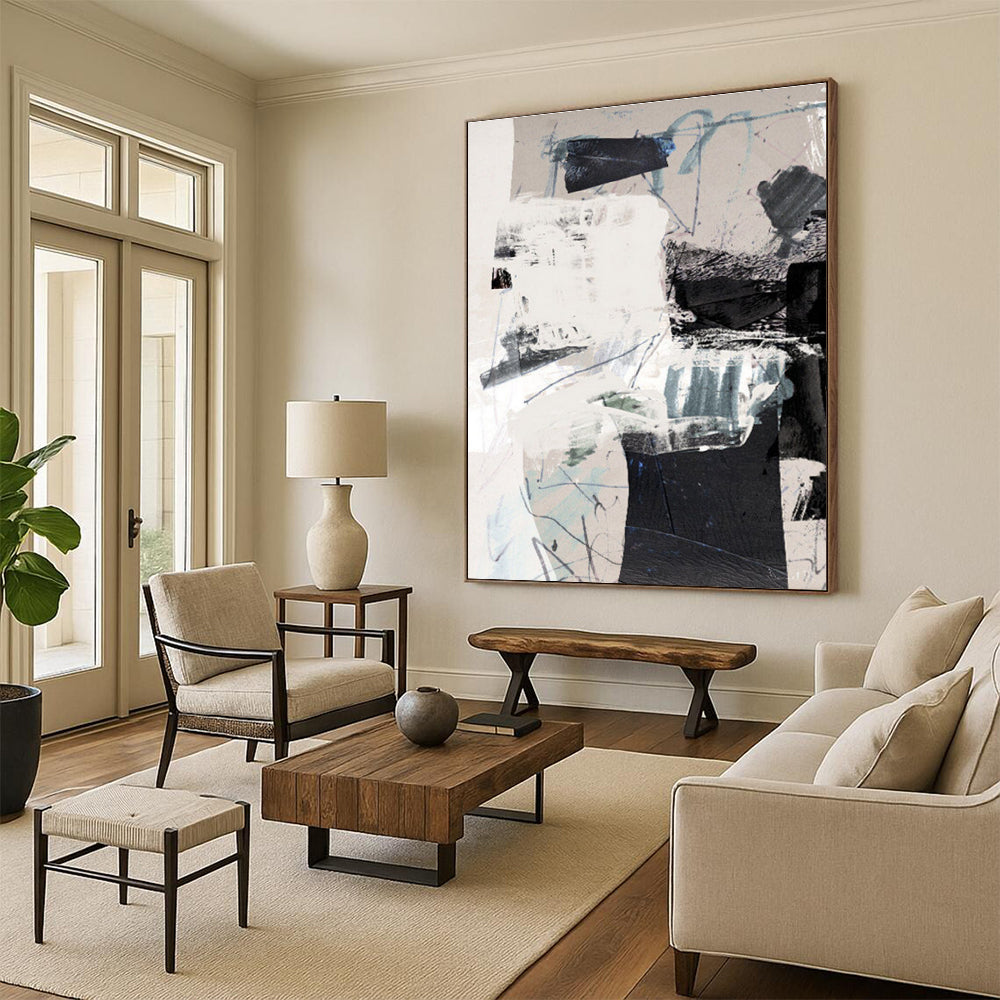Mixed Media Black - White Abstract Painting for Industrial - Chic Lofts HENG194