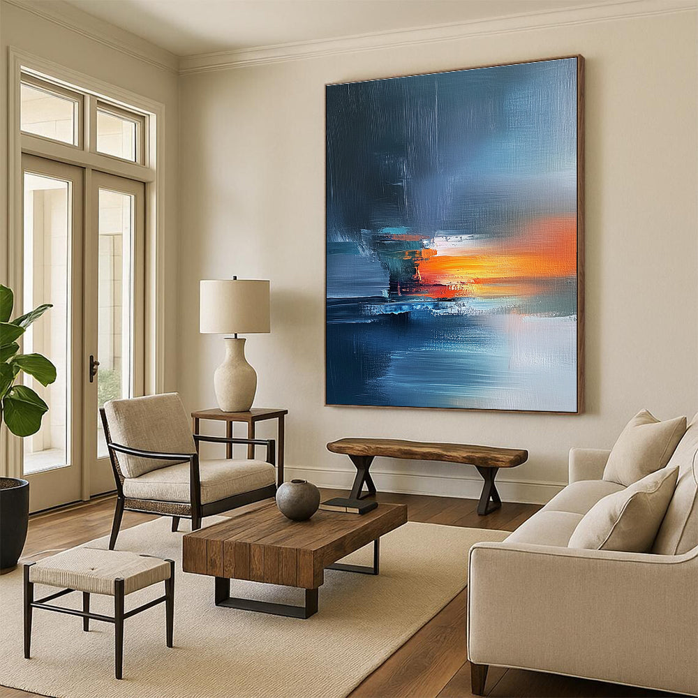 Blue Orange Gray Abstract Painting with Dramatic Sunset Vibes WINK472