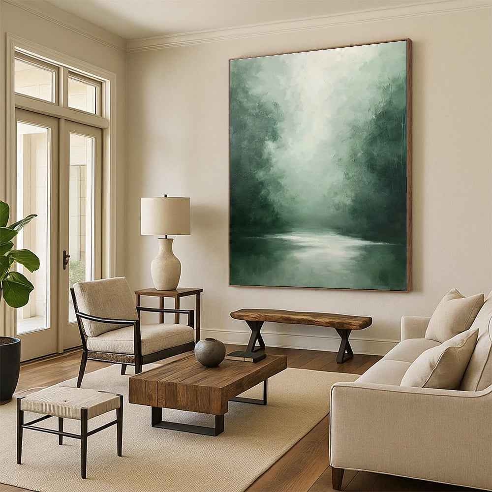 Misty Forest River Abstract Painting for Yoga Studio Relaxation Zones HENG024