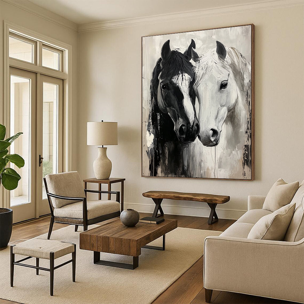 Two Horses in Black and White Dynamic Abstract Painting for Energetic Interiors GAB1433