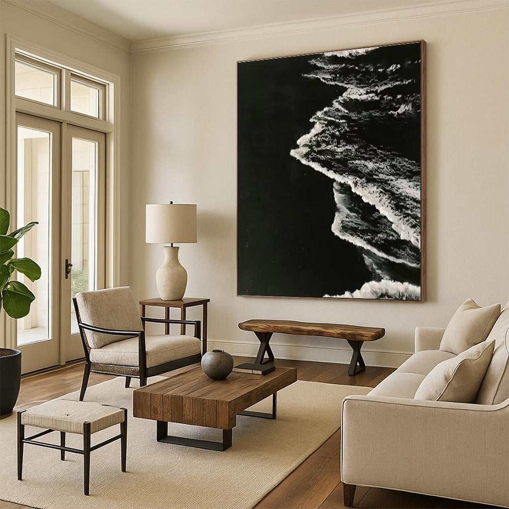 Black and White Ocean Wave Abstract Painting for Monochrome - Themed Spaces HENG349