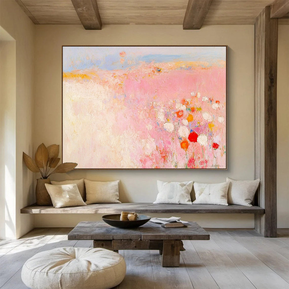 Pink Field Abstract Painting with Soft, Romantic Blossoms ABS508