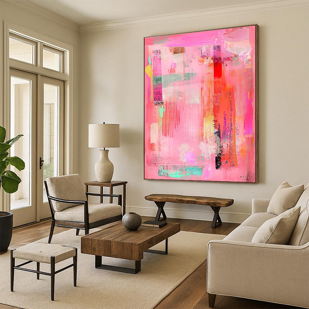 Intricate Pink Collage Abstract Painting with Whimsical Detail WINK255