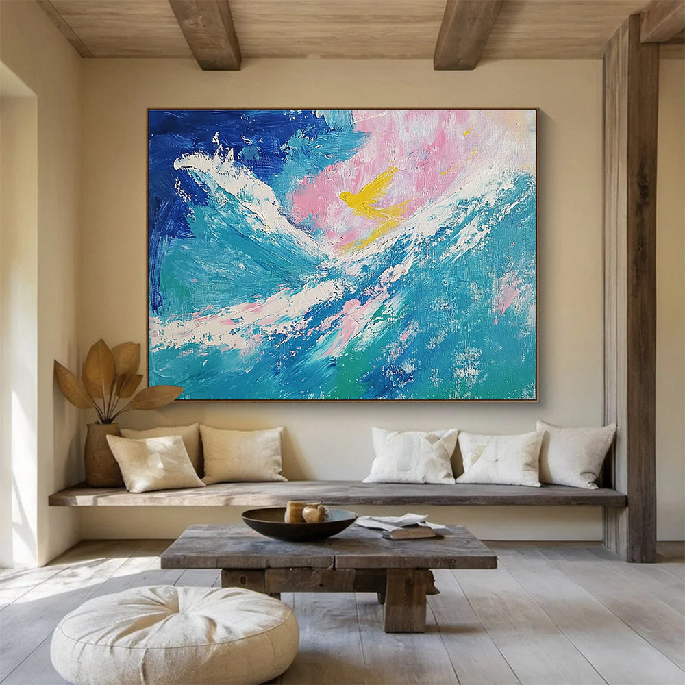 Yellow Bird over Waves Abstract Painting with Dreamy, Symbolic Elements ABS522