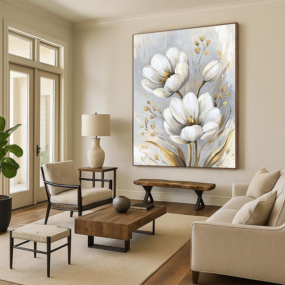 White Flowers with Gold Accents Sophisticated Abstract Painting for Upscale Spaces GAB1528