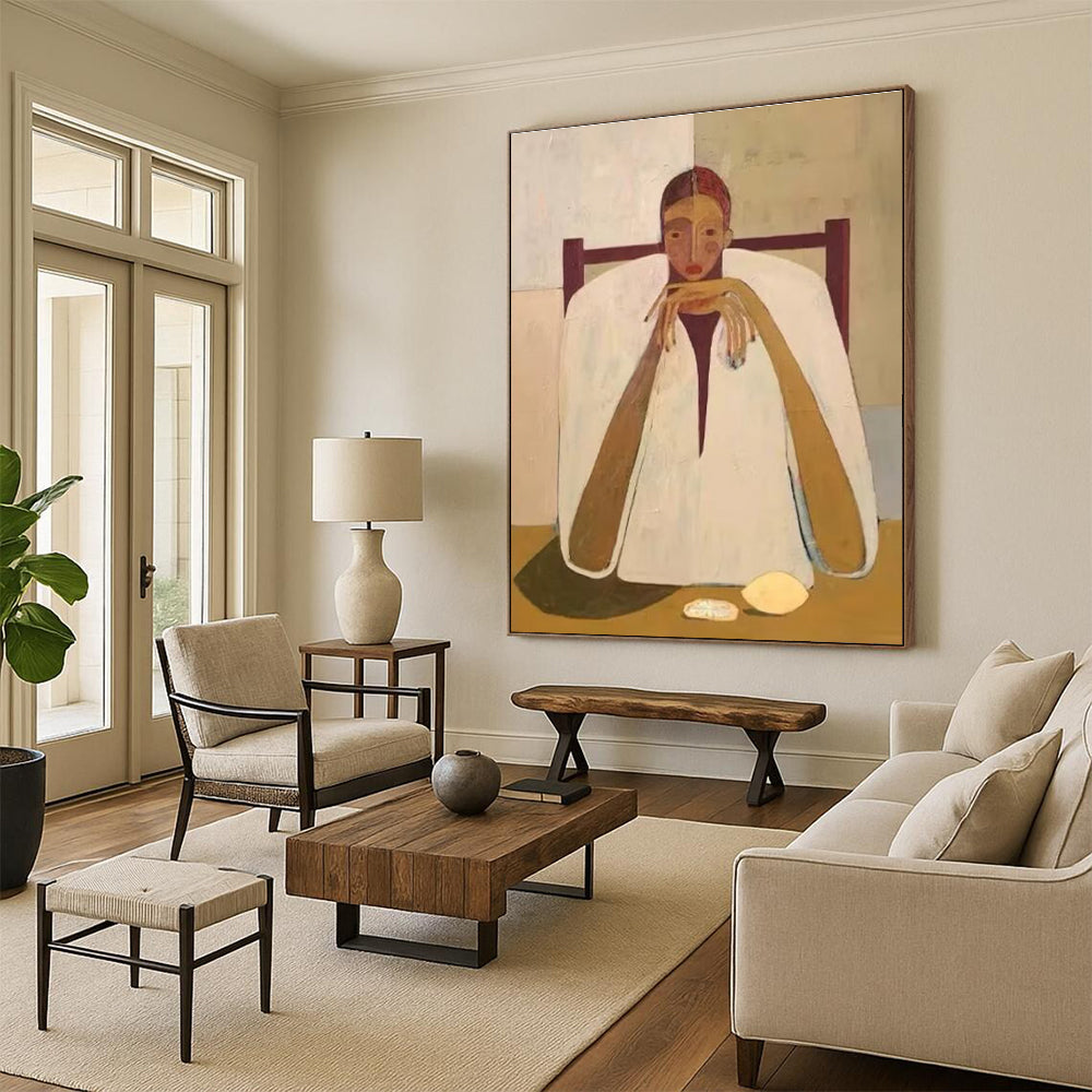 Seated Figure in White Cloak Abstract Painting for Contemplative Spaces HENG142