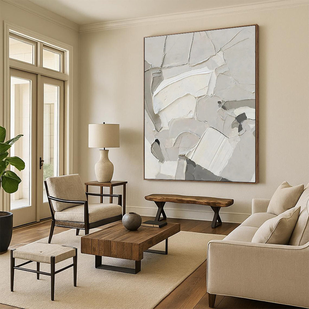 White Textured Abstract Composition Painting for Contemporary Art Galleries HENG509