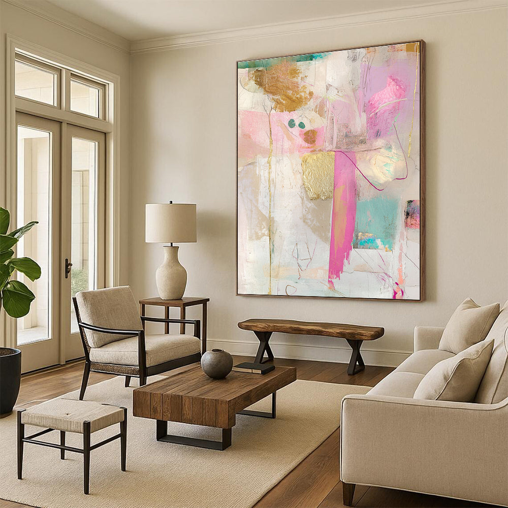 Pink and Gold Collage Luxe Mixed Media Abstract Painting GAB0251