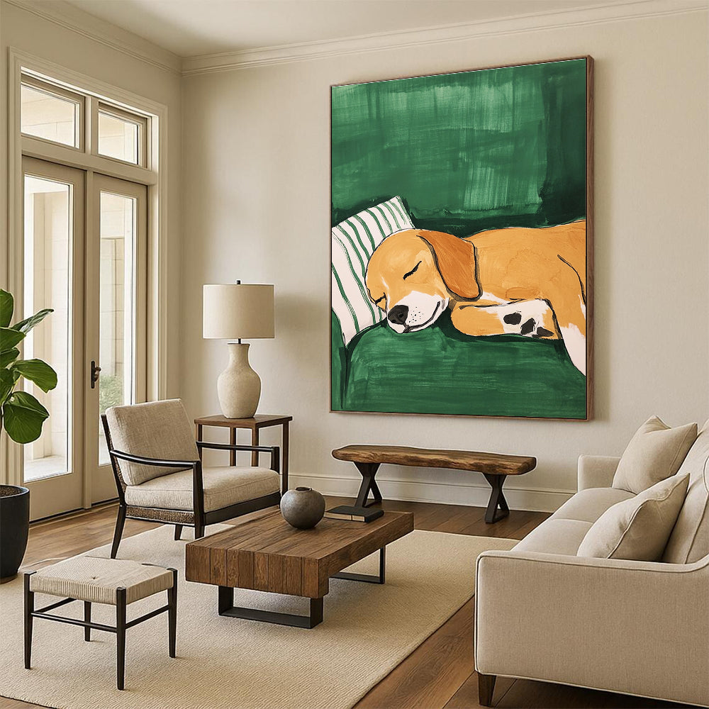 Sleeping Dog on Green Cozy Pet - Inspired Abstract Painting GAB0345