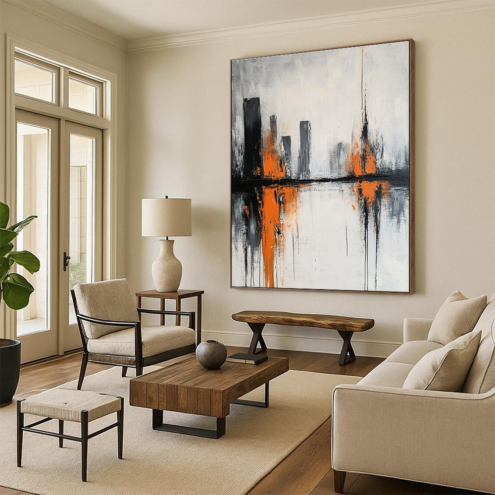 Abstract City Reflection Painting in Gray and Orange GAB0664