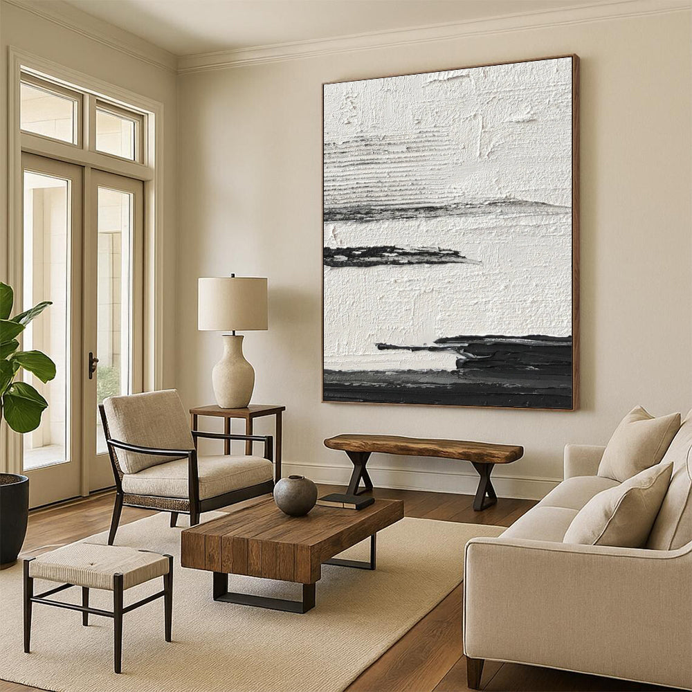 Black and White Textured Horizontal Layers Abstract Painting for Minimalist Bedrooms HENG369