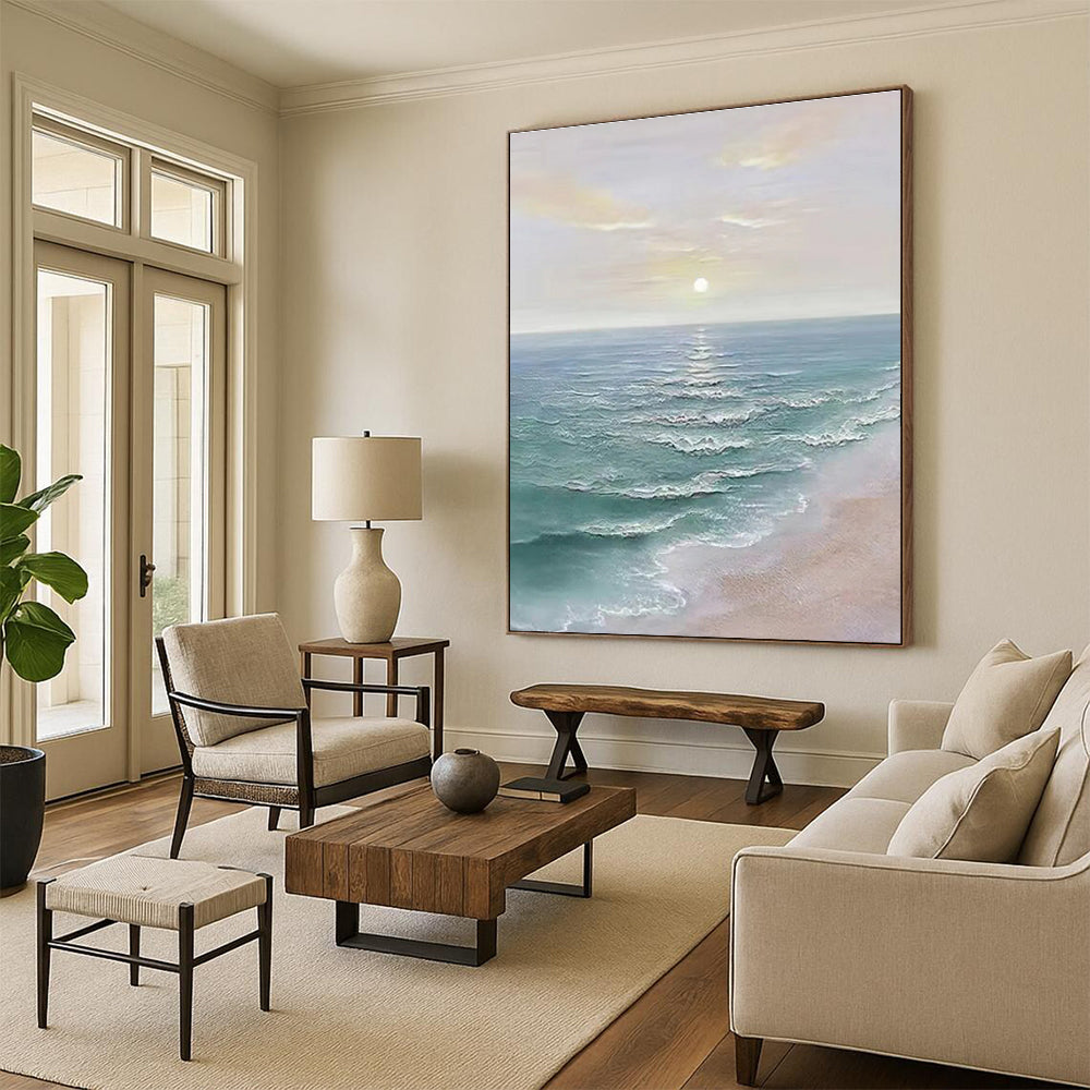 Coastal Sunset with Calm Waves Abstract Painting for Seaside - Themed Living Rooms HENG350