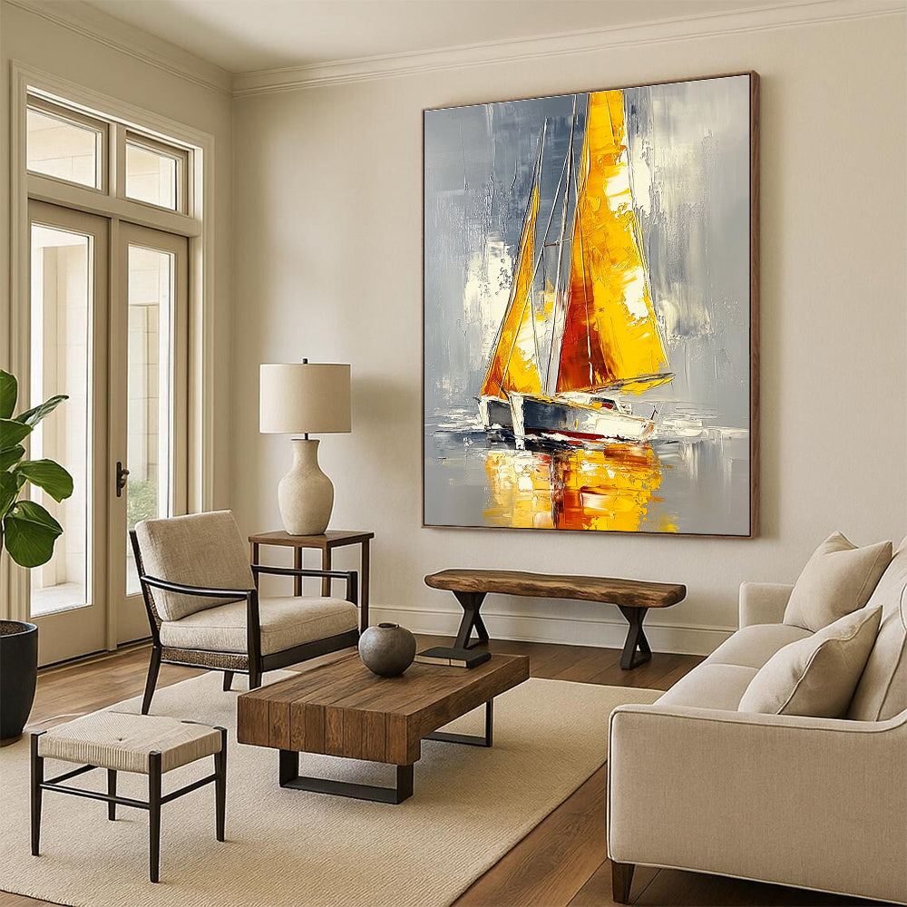 Yellow - Sailed Boat on Gray Water Abstract Painting for Nautical Spaces GAB1445