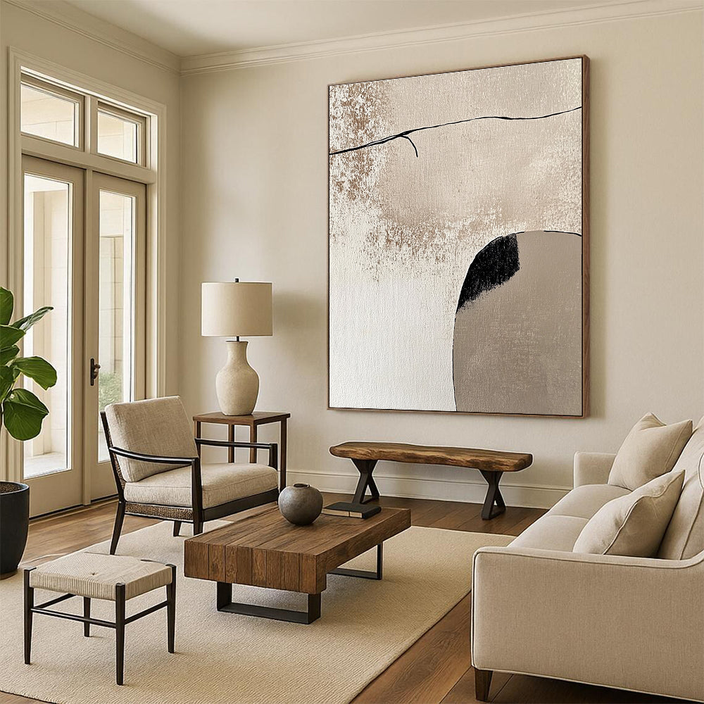 Beige and Black Minimalist Shapes Abstract Painting with Quiet Contemplation WINK044