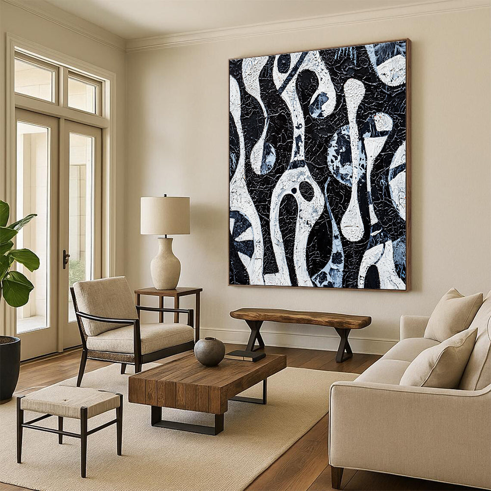 Black and White Flowing Forms Abstract Painting with Intricate Textures GAB0057