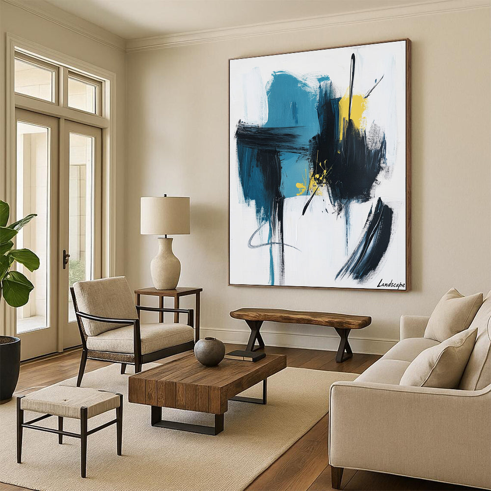 Blue, Black, and Yellow Abstract Painting for Creative Studio Lounges GAB1197