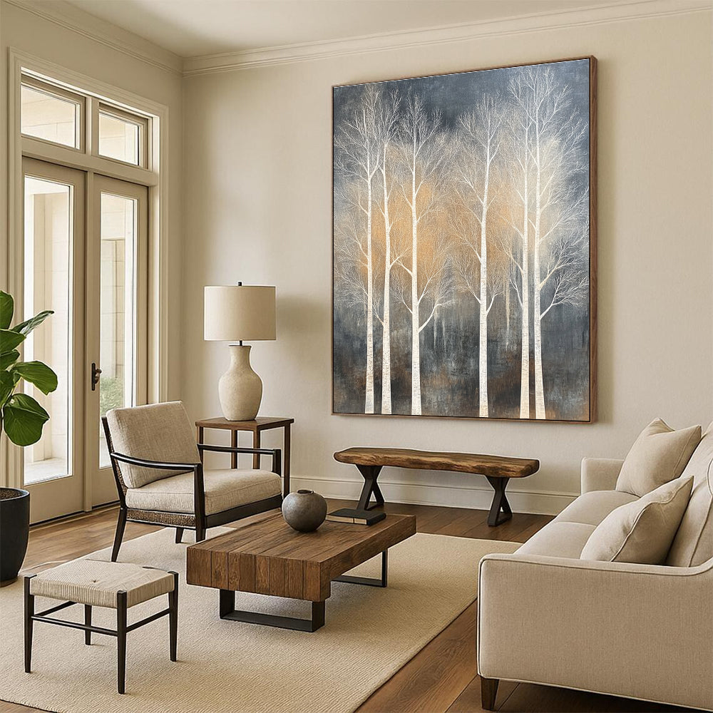 White Trees on Dark Background Abstract Painting for Nature - Inspired Living Rooms GAB0816