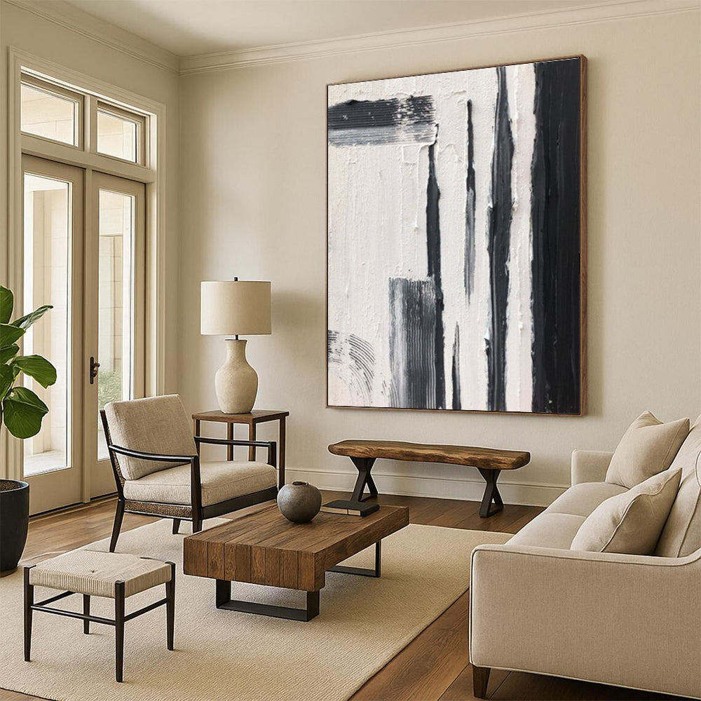 Black and White Textured Vertical Strokes Abstract Painting for Contemporary Entrances HENG367