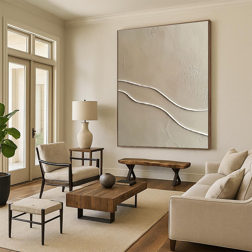 Beige with White Curved Lines Abstract Painting with Subtle Textures GAB0065