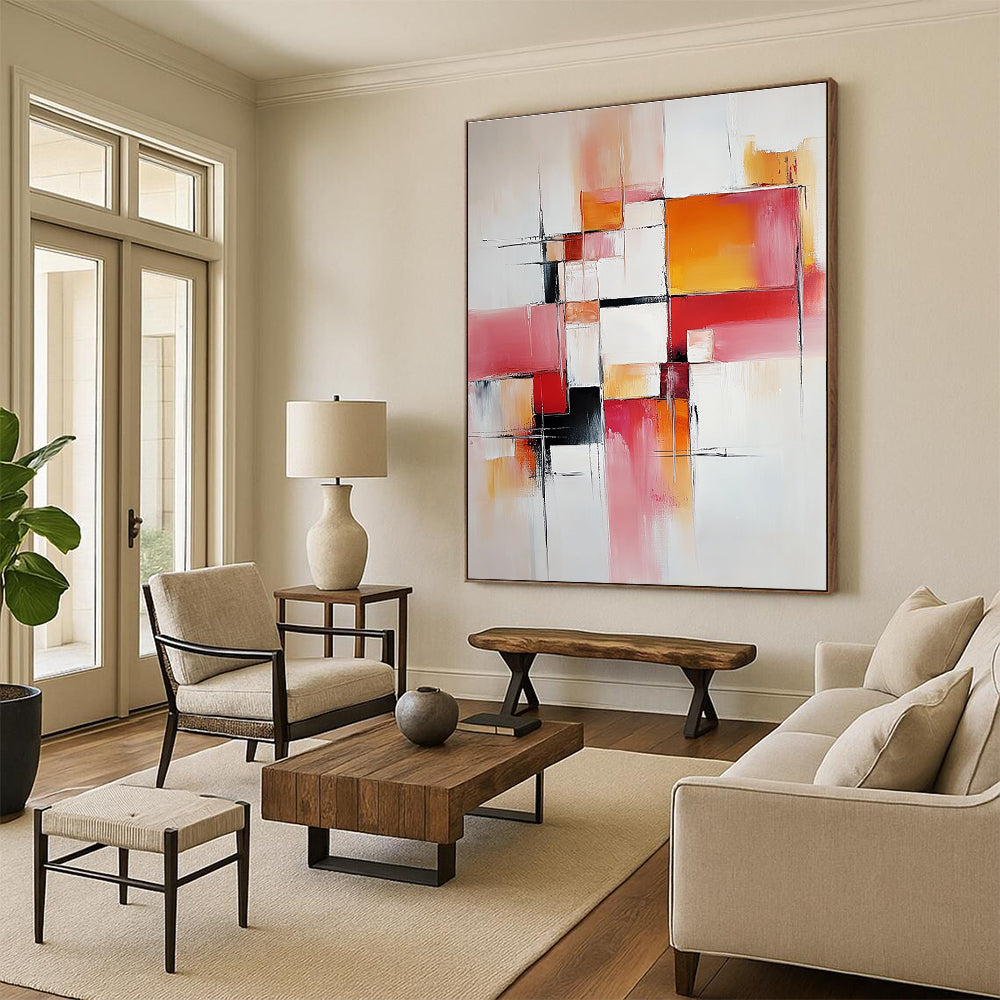Pink Orange Geometric Abstract Painting with Delicate Lines WINK681