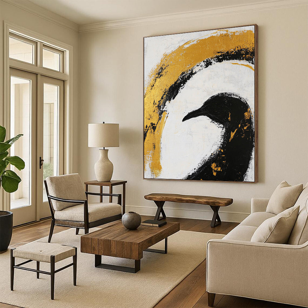 Black Bird Gold Arc Art - Symbolic Minimalist Abstract Painting GAB0438