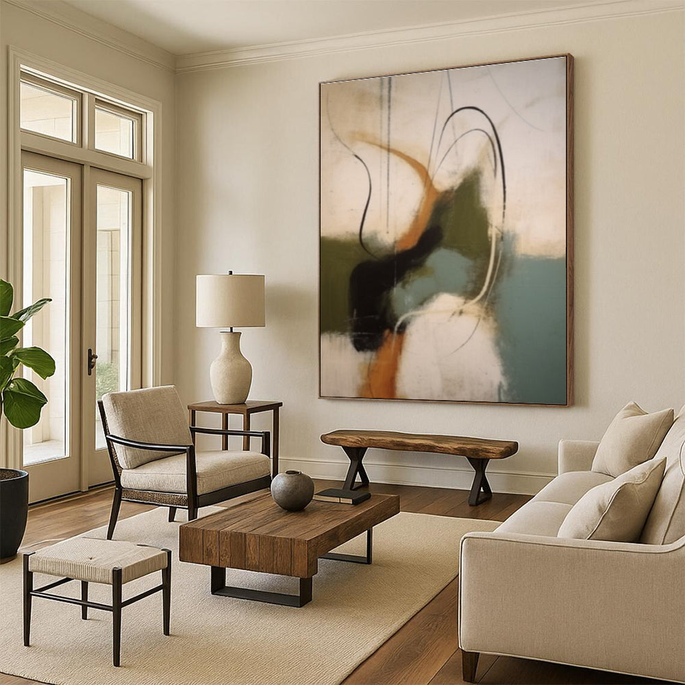 Abstract with Curved Lines in Earthy Tones Painting for Bohemian - Styled Bedrooms HENG365