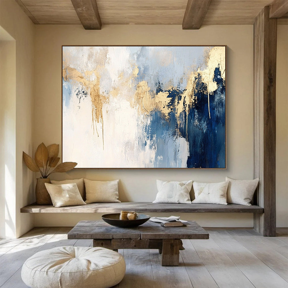 Blue - Gold Drip Abstract Expressionist Painting ABS182