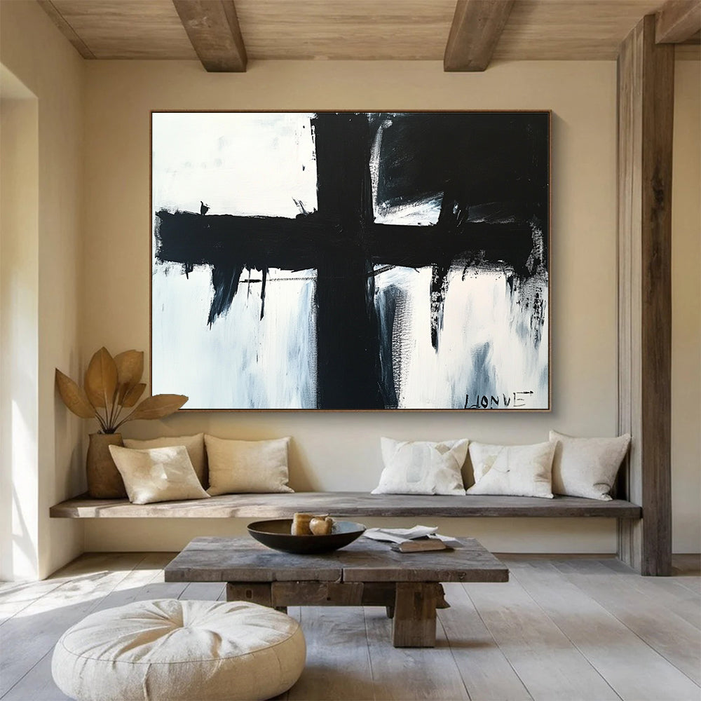 Bold Black Cross: Stark Contrast and Dramatic Impact Abstract Painting ABS179