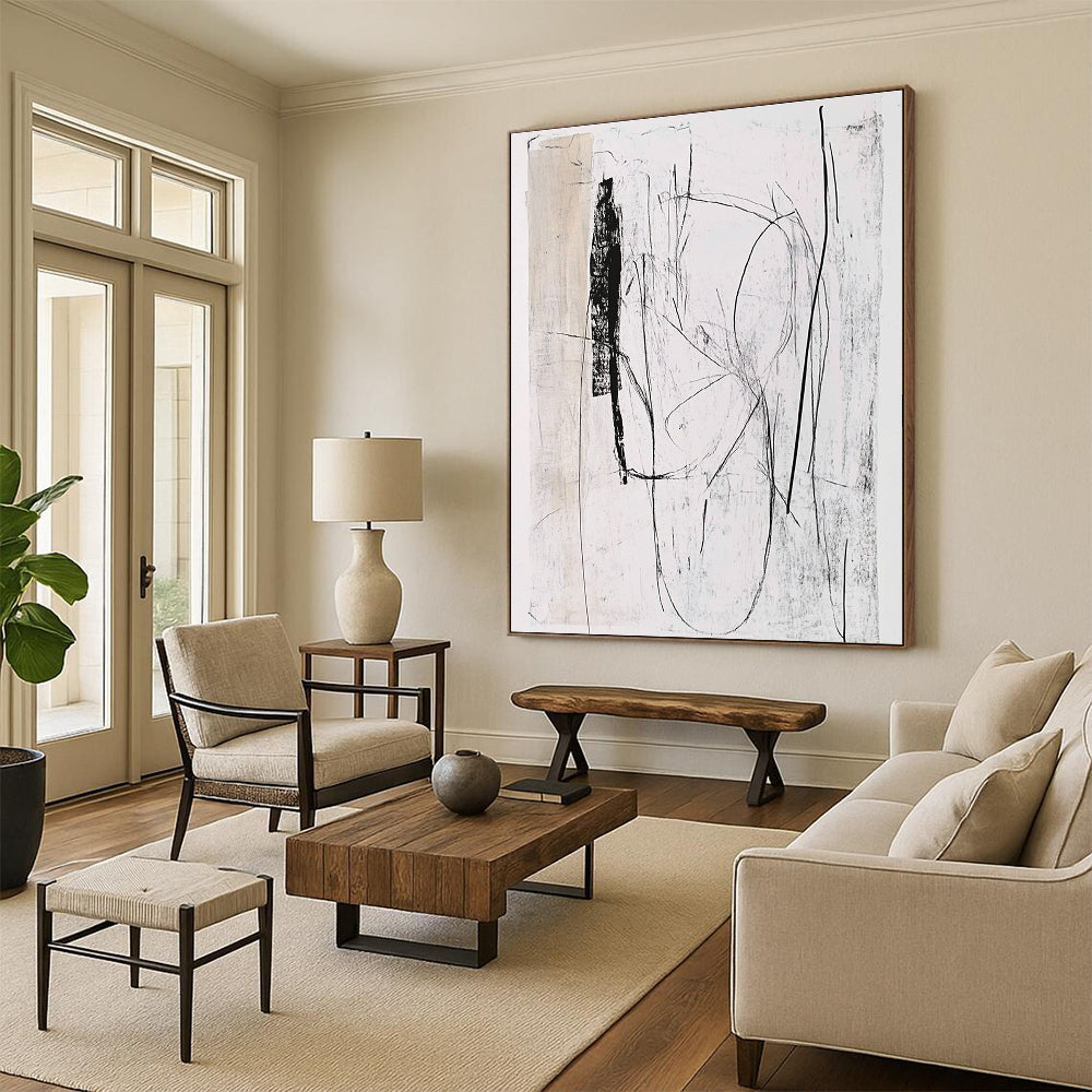 Black and White Sketch Abstract Painting of Minimalist Lines GAB0117