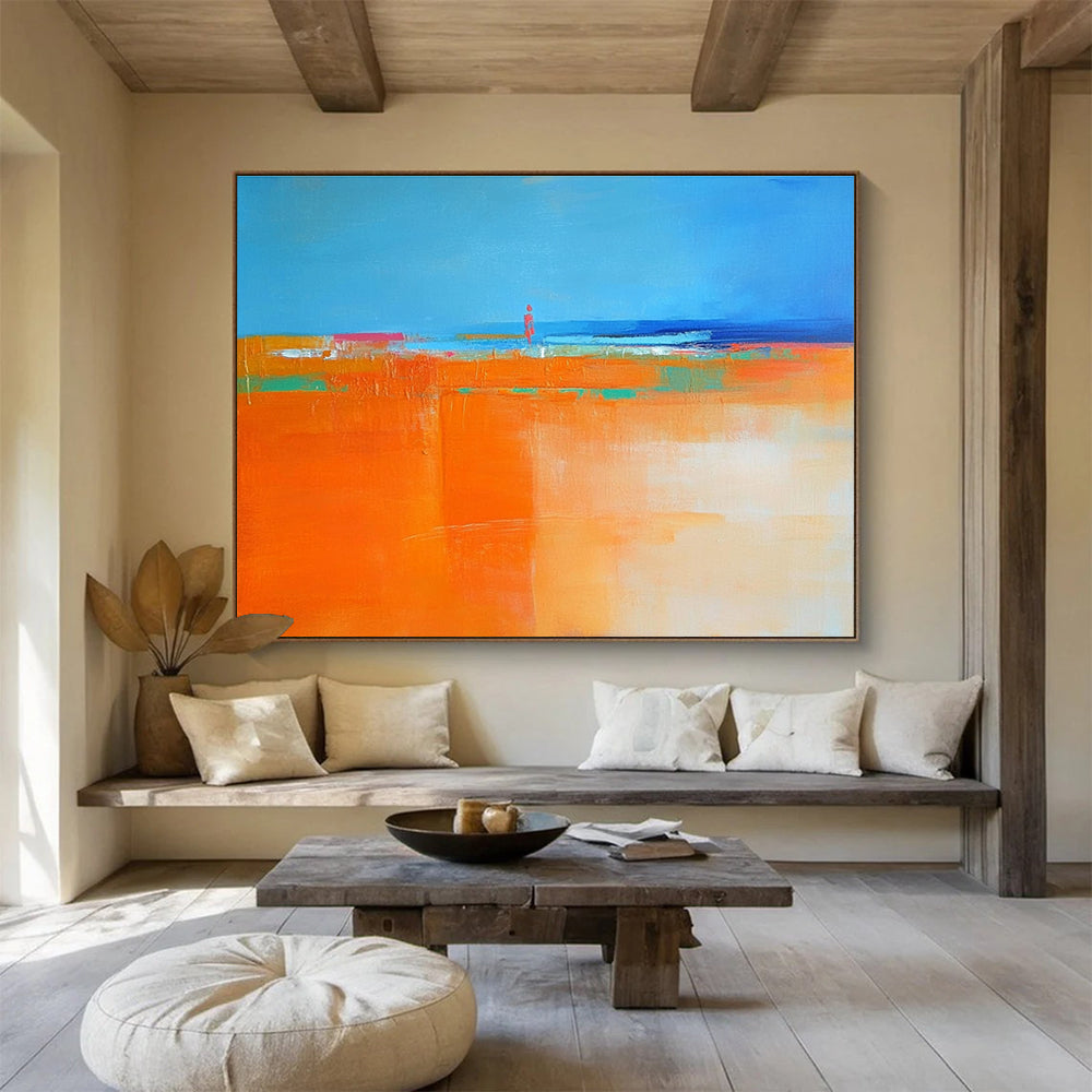 Vibrant Coastal Scene Abstract Painting Featuring a Figure Silhouette ABS221