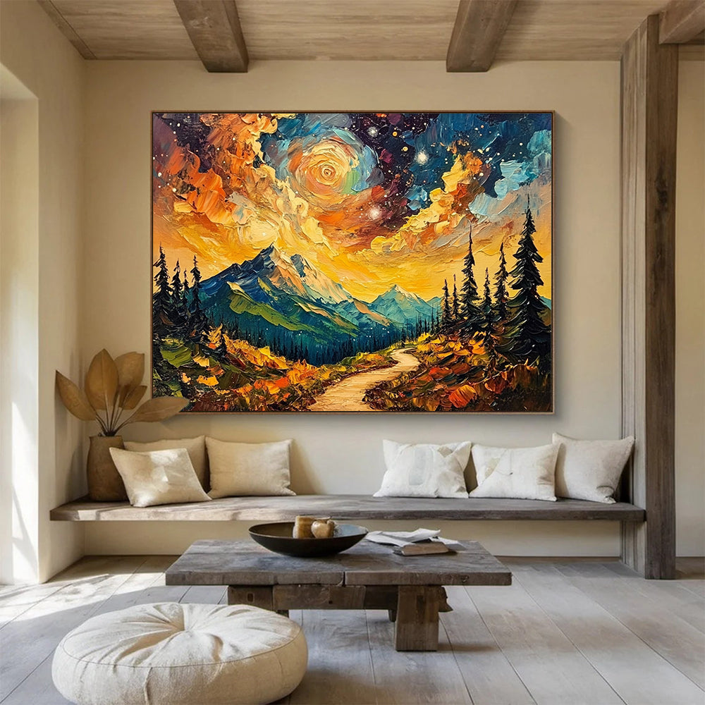 Mountain Path Under Starry Sky: Dreamy Wilderness Adventure Abstract Painting ABS155