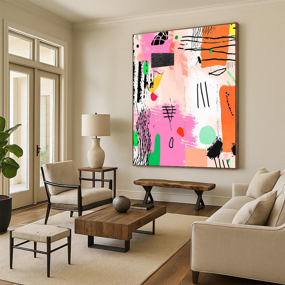 Pink and Green Abstract Doodles Painting of Spontaneous Creativity GAB0115