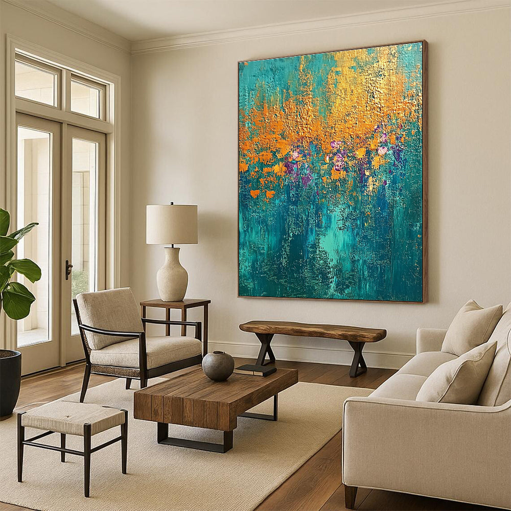 Teal and Gold Floral Abstract Painting with Enchanted Blooms WINK288