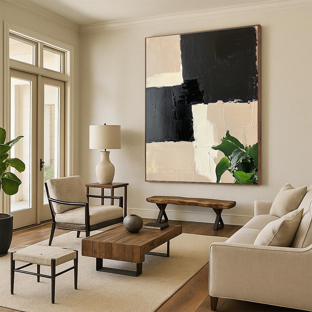 Beige and Black Geometric Abstract Painting with Textured Squares GAB0060