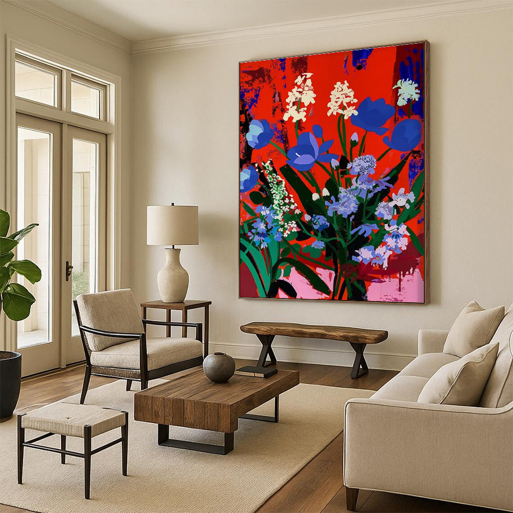 Blue and White Blooms Abstract Painting for Elegant Dining Spaces HENG101