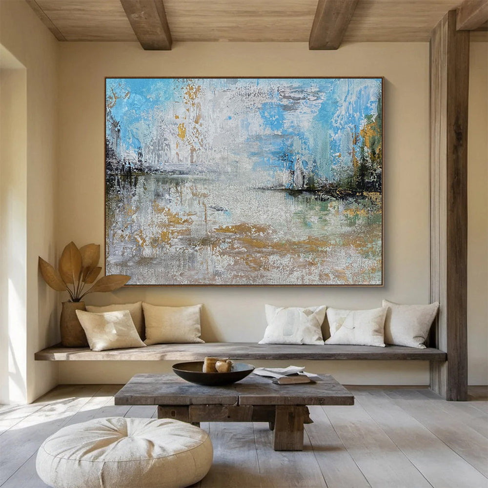 Light Blue and Gold Abstract Lake Painting for Lakeside Vacation Homes YHT348