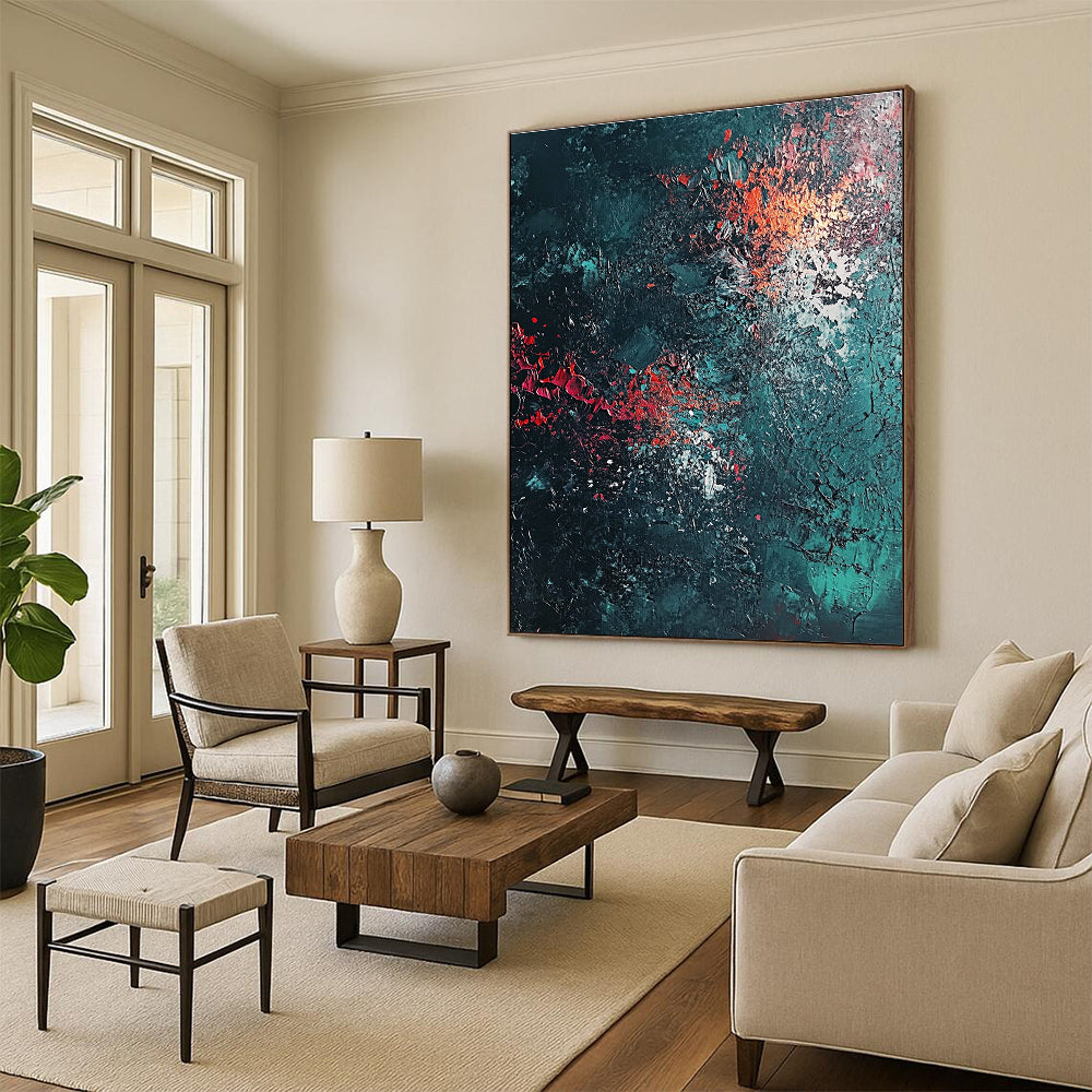 Dark Teal and Red Abstract Painting for Intimate Wine Bars GAB0857