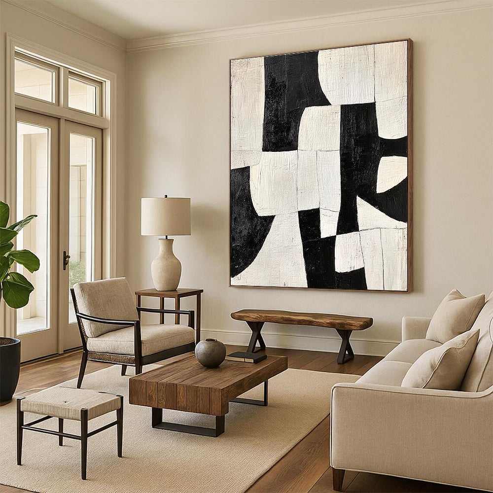 Black - and - White Patchwork Abstract Painting with Bold Contrast WINK323