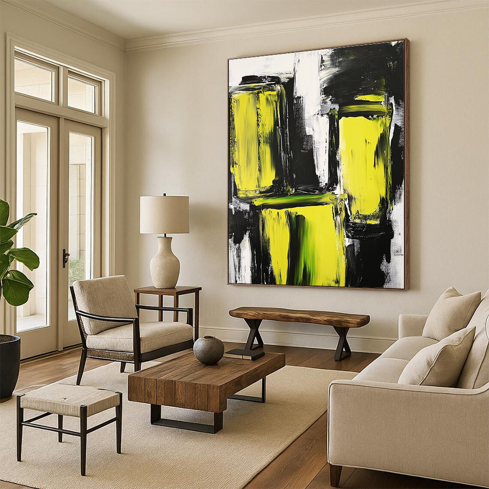 Vibrant Yellow Black Abstract Painting with Energetic Contrast WINK593